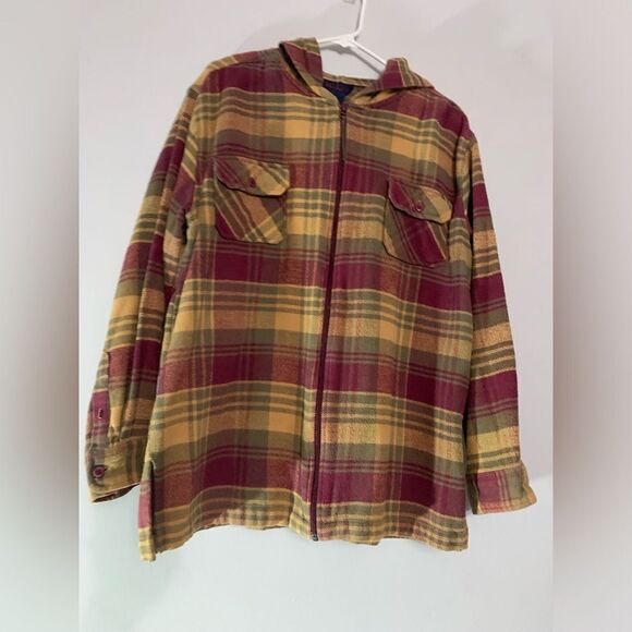 VTG Hooded Flannel Jacket Plaid Lightweight Multi color Size L Red Brown Yellow - Picture 2 of 7